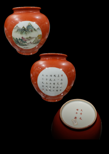 F000469 礬紅地留白開光粉彩山水罐